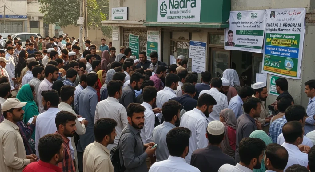 Individuals stand in line at the Ehsaas Kafalat Program Center in Pakistan to receive their financial assistance.